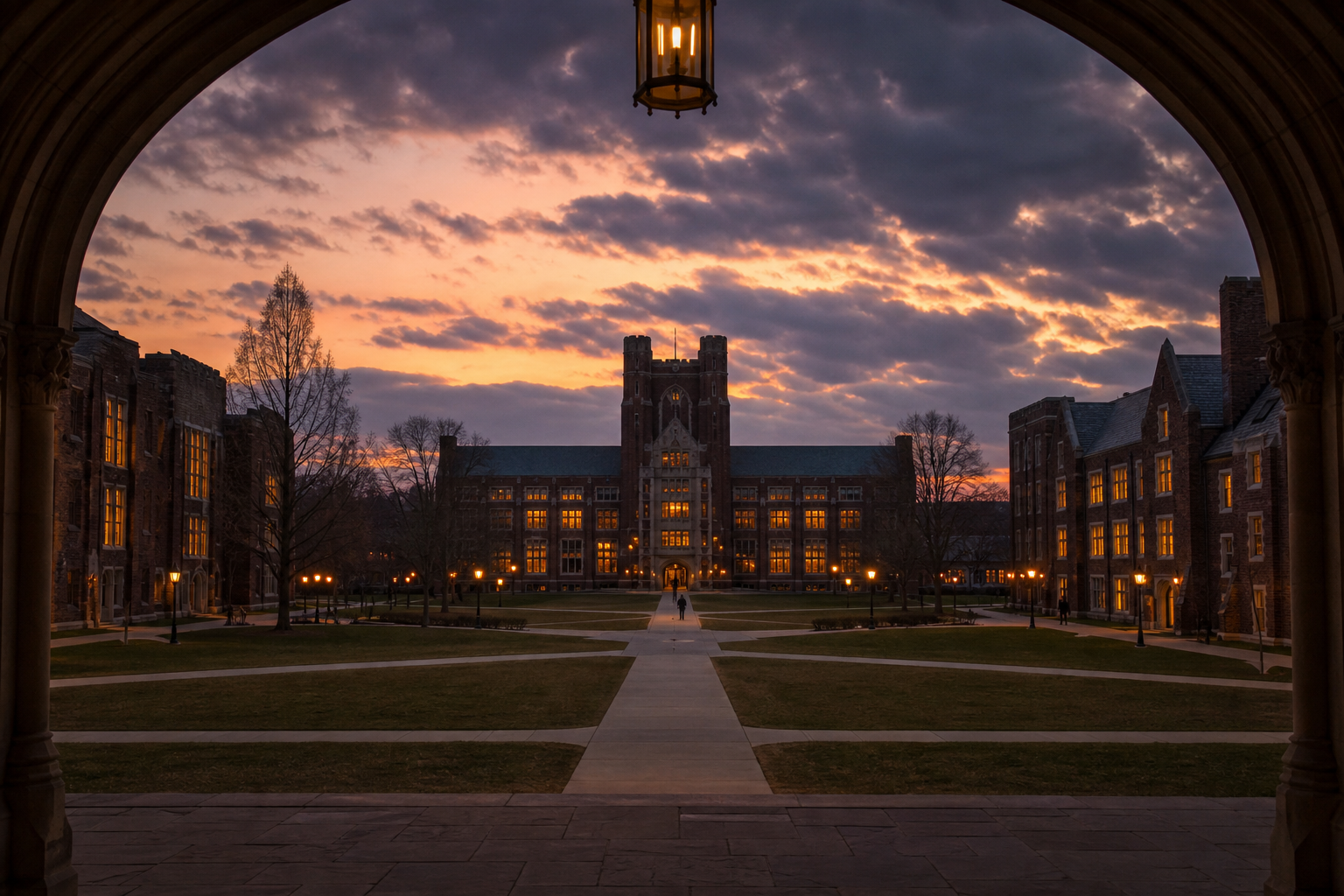 Higher-education campus plaza and brick facade at dusk — editorial architectural photograph